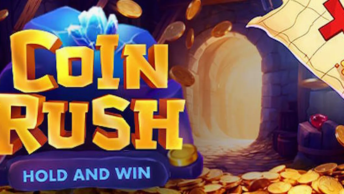 Tampilan antarmuka permainan slot Coin Rush dengan desain koin emas dan latar belakang modern.